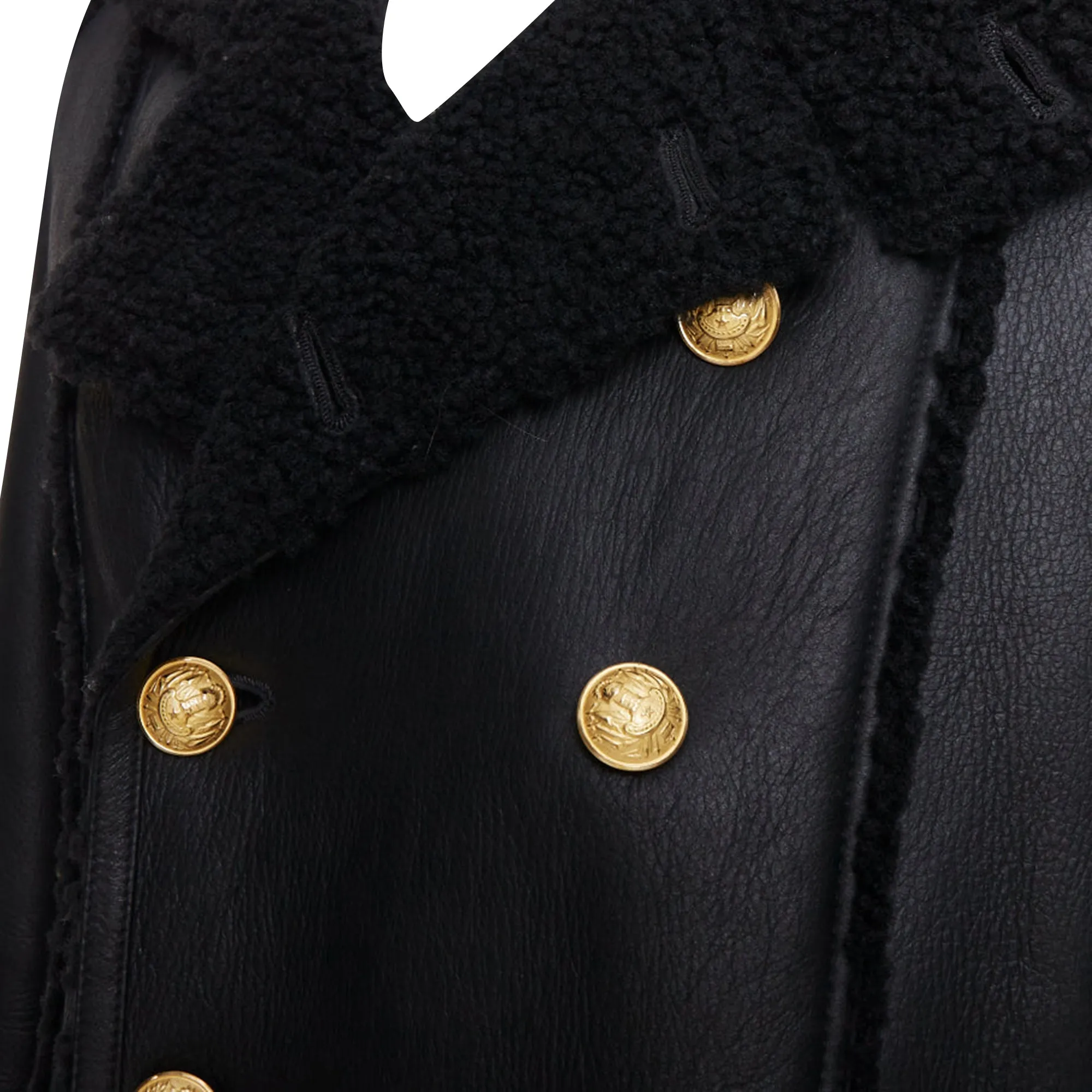 Balmain Shearling Lined Leather Gold Double Breasted Coat