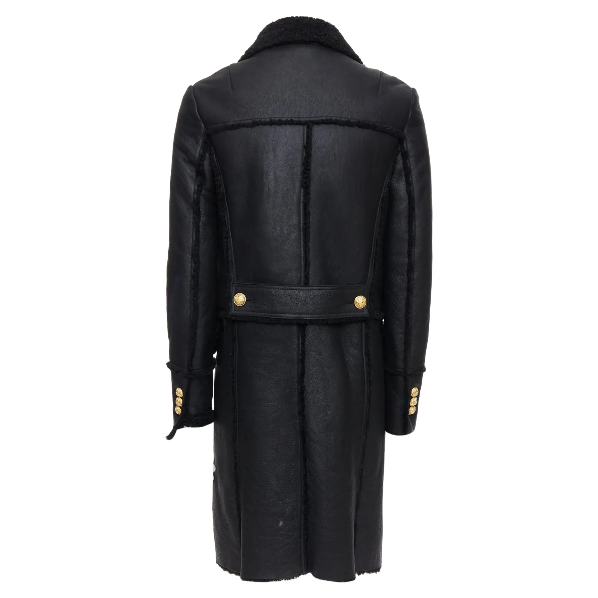 Balmain Shearling Lined Leather Gold Double Breasted Coat