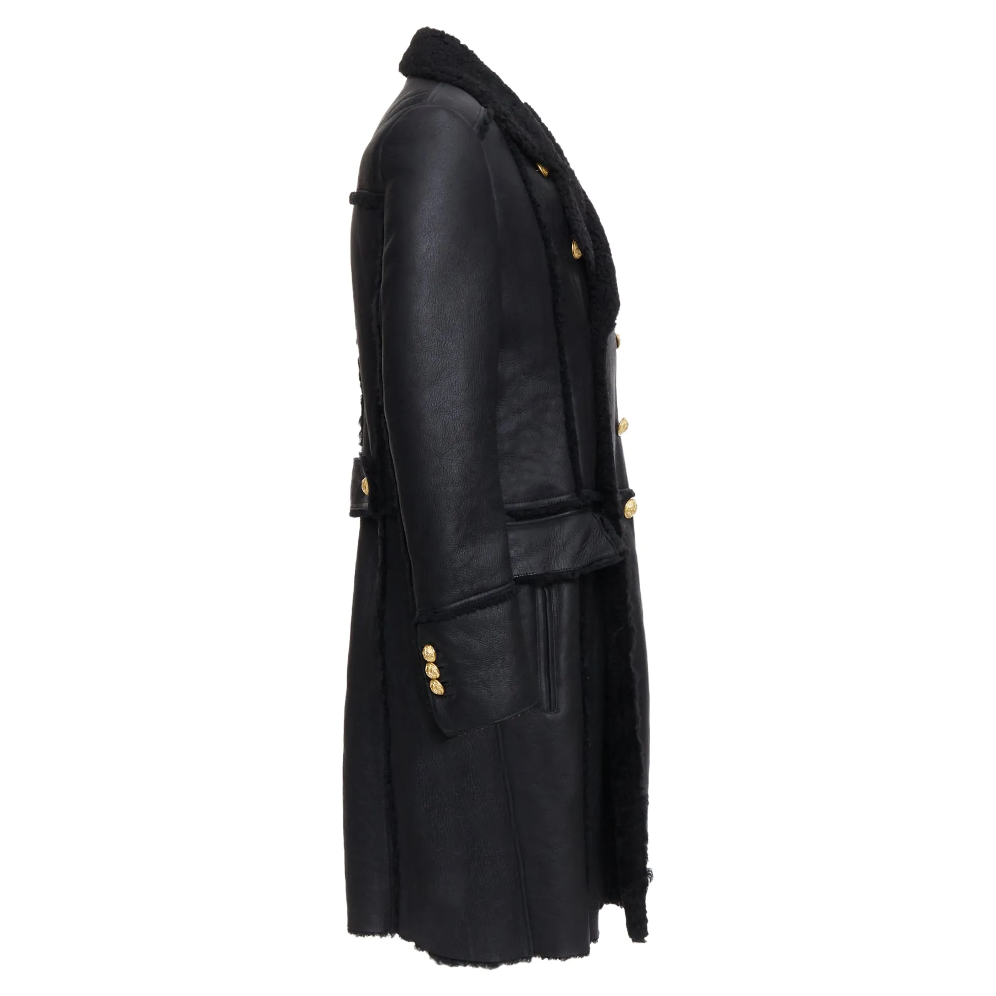 Balmain Shearling Lined Leather Gold Double Breasted Coat