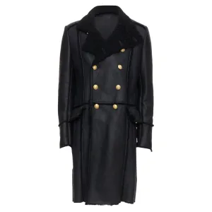 Balmain Shearling Lined Leather Gold Double Breasted Coat