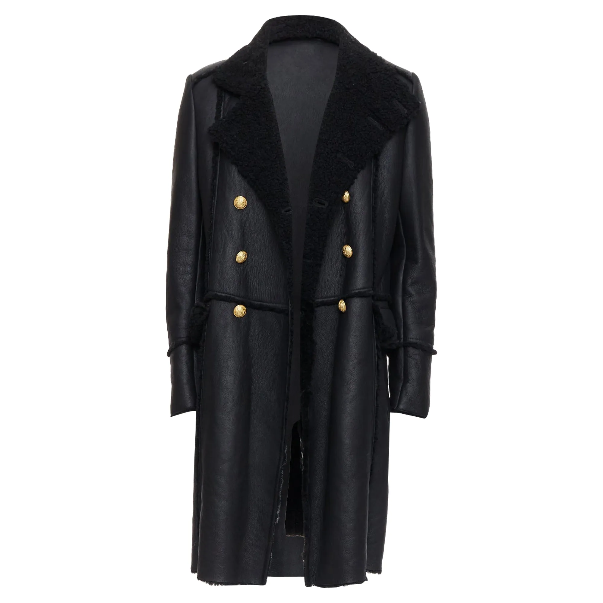 Balmain Shearling Lined Leather Gold Double Breasted Coat