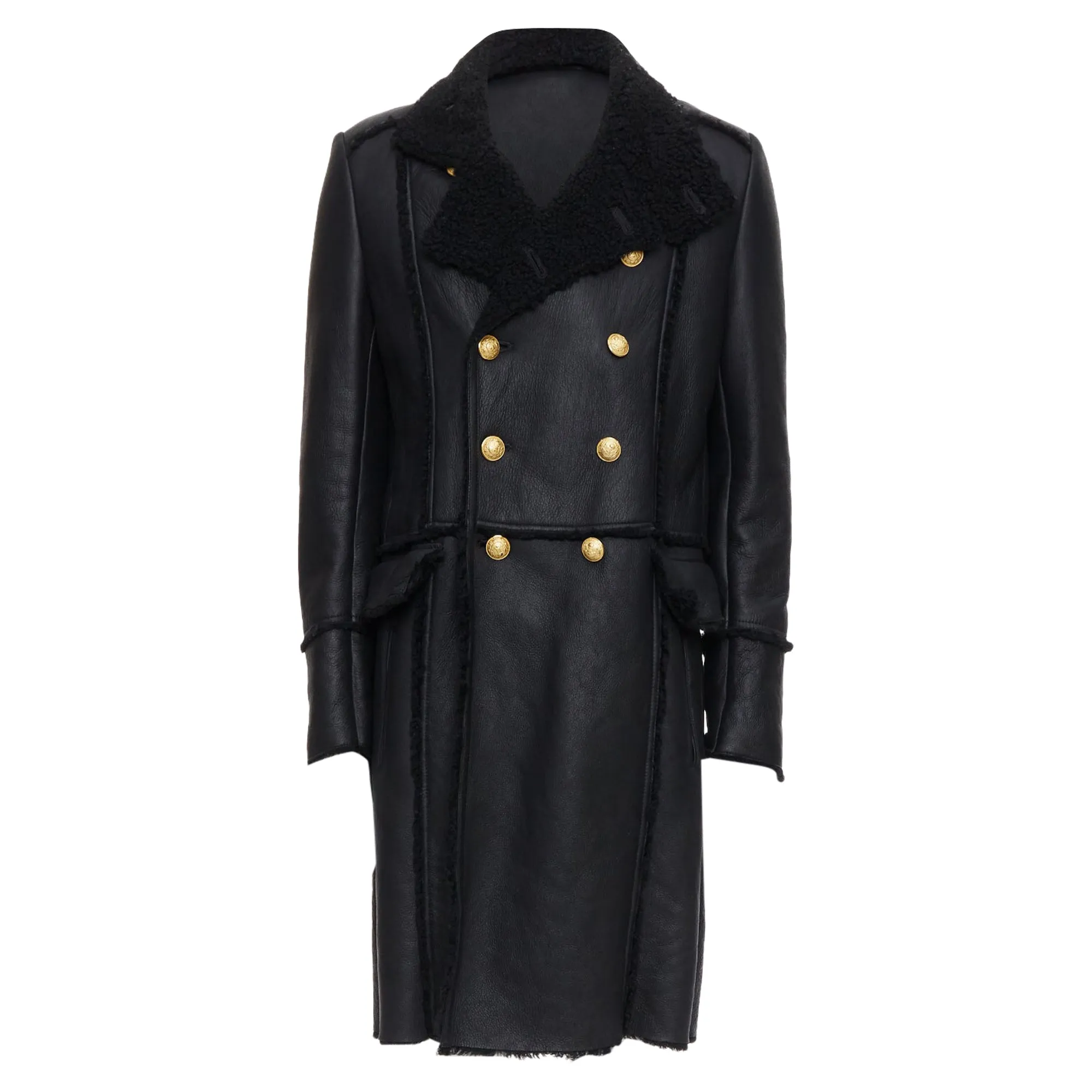 Balmain Shearling Lined Leather Gold Double Breasted Coat
