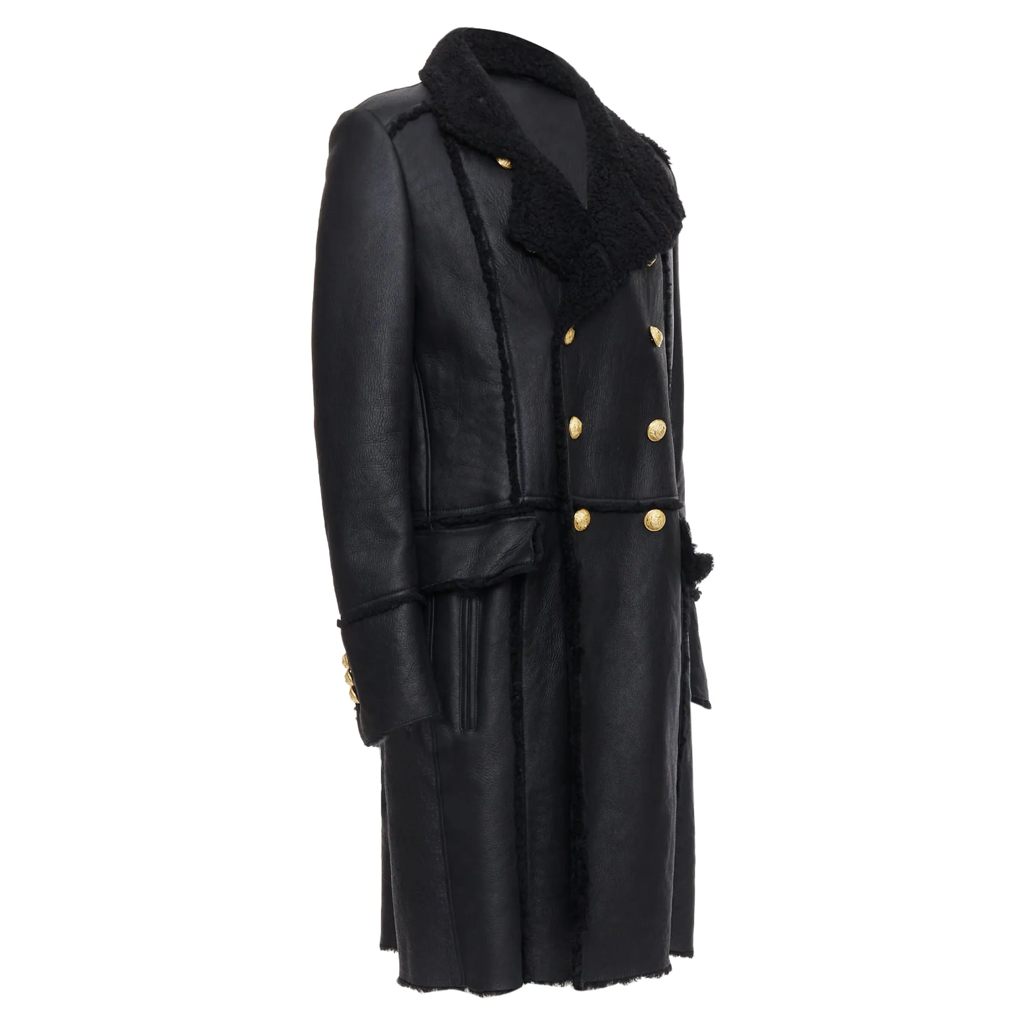 Balmain Shearling Lined Leather Gold Double Breasted Coat