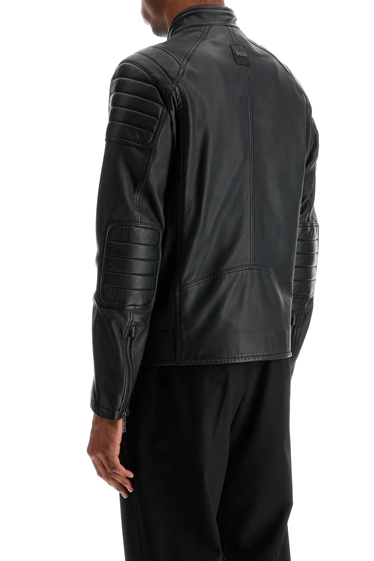 Boss Men's  Leather Jacket With High Collar And Quilted Details