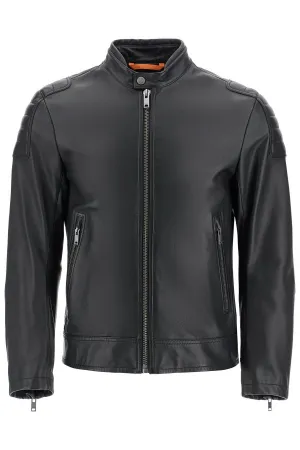 Boss Men's  Leather Jacket With High Collar And Quilted Details