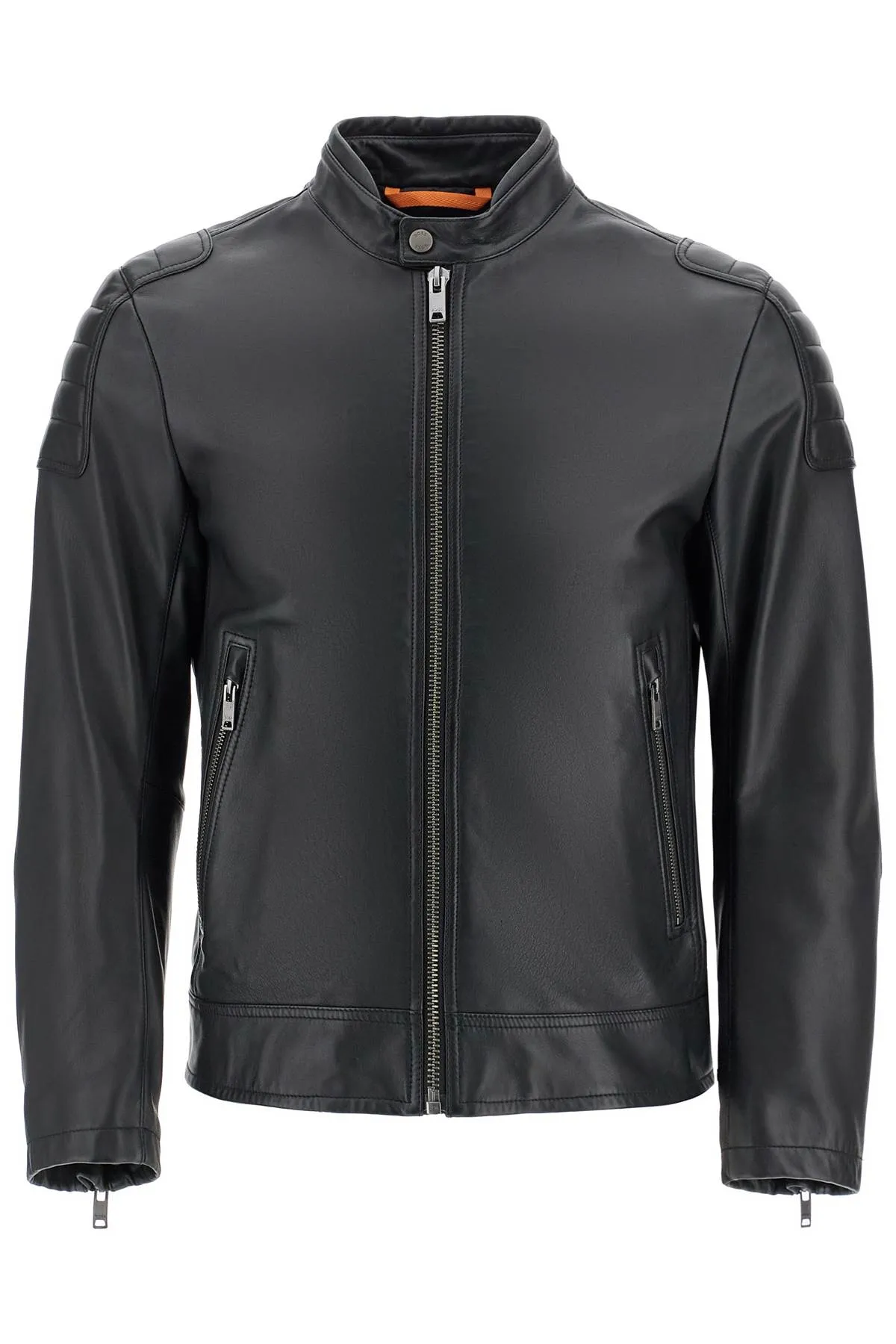 Boss Men's  Leather Jacket With High Collar And Quilted Details
