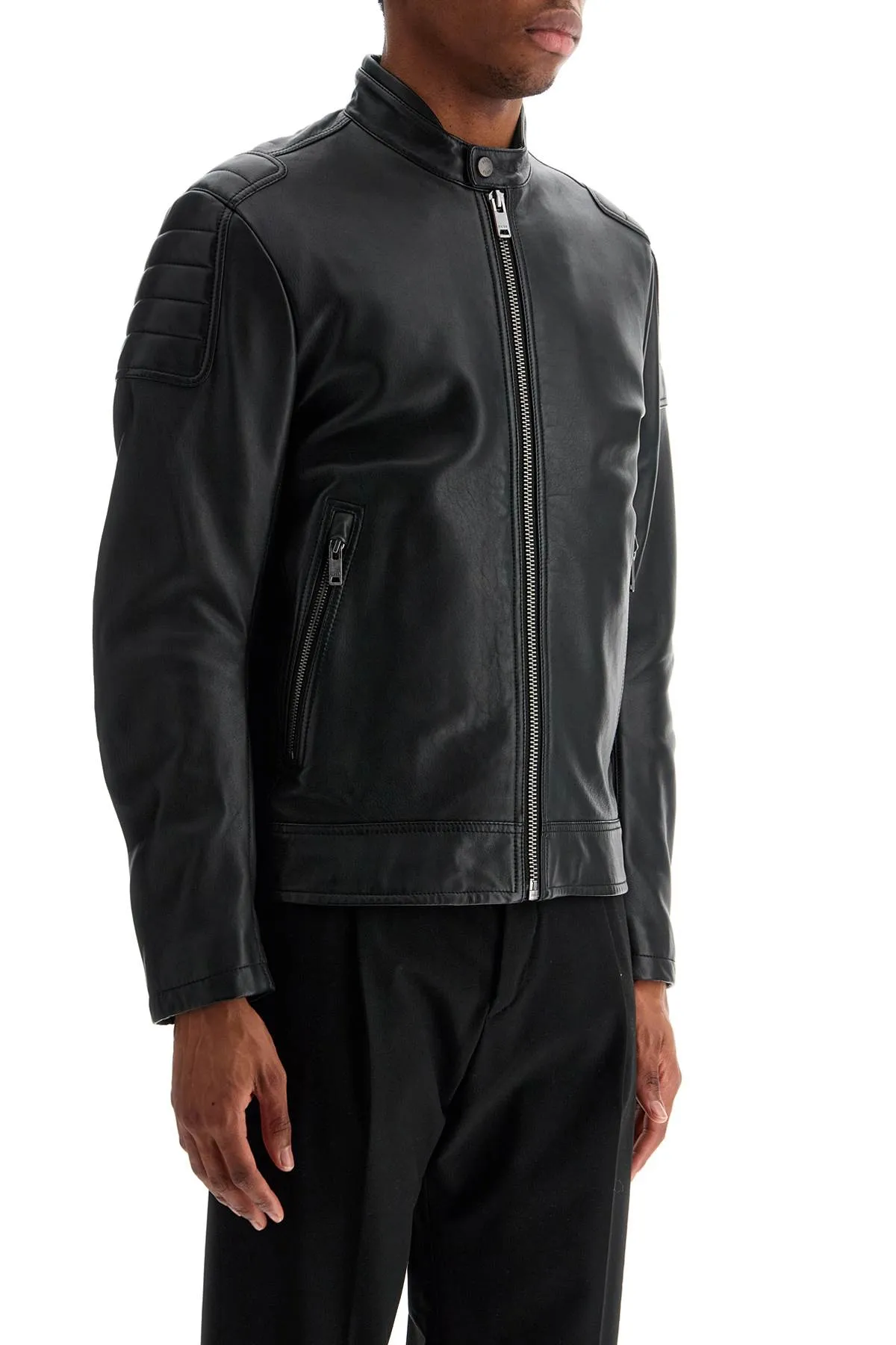 Boss Men's  Leather Jacket With High Collar And Quilted Details