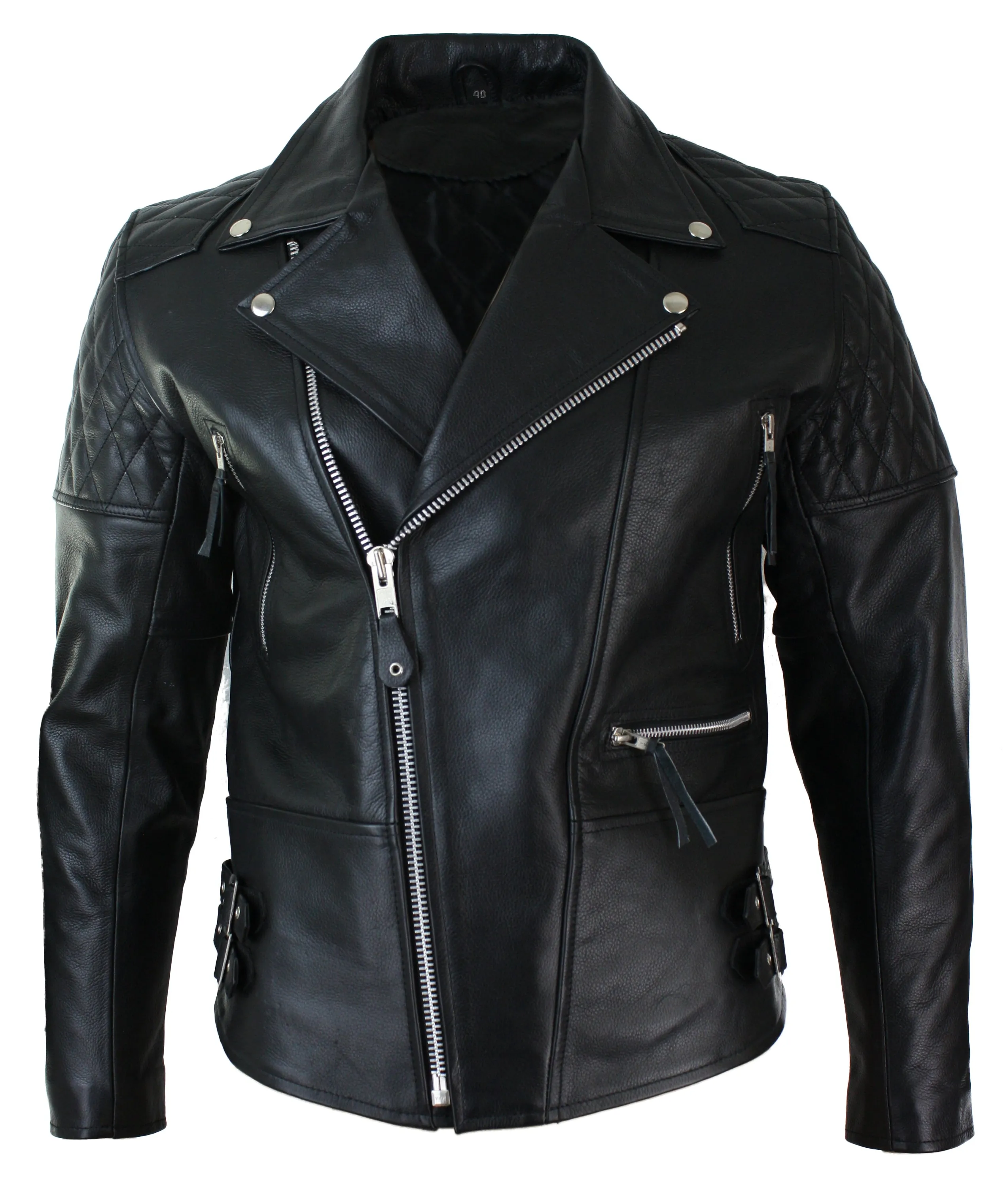 Cross Zip Cowhide Padded Biker Jacket
