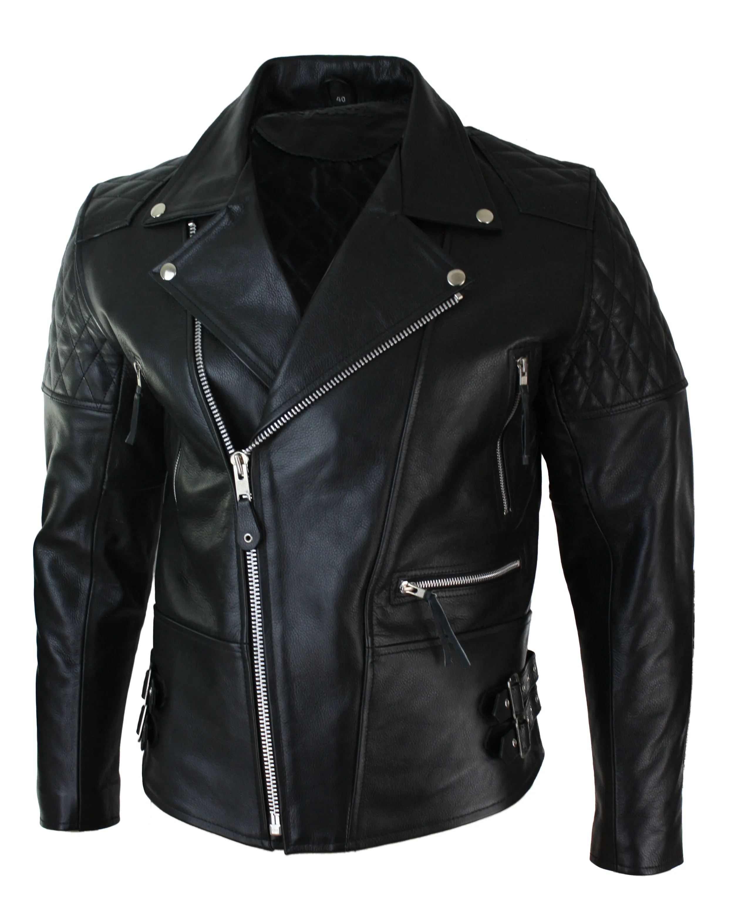 Cross Zip Cowhide Padded Biker Jacket