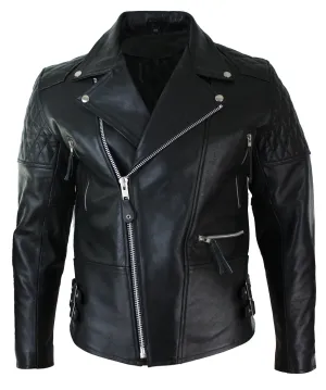 Cross Zip Cowhide Padded Biker Jacket