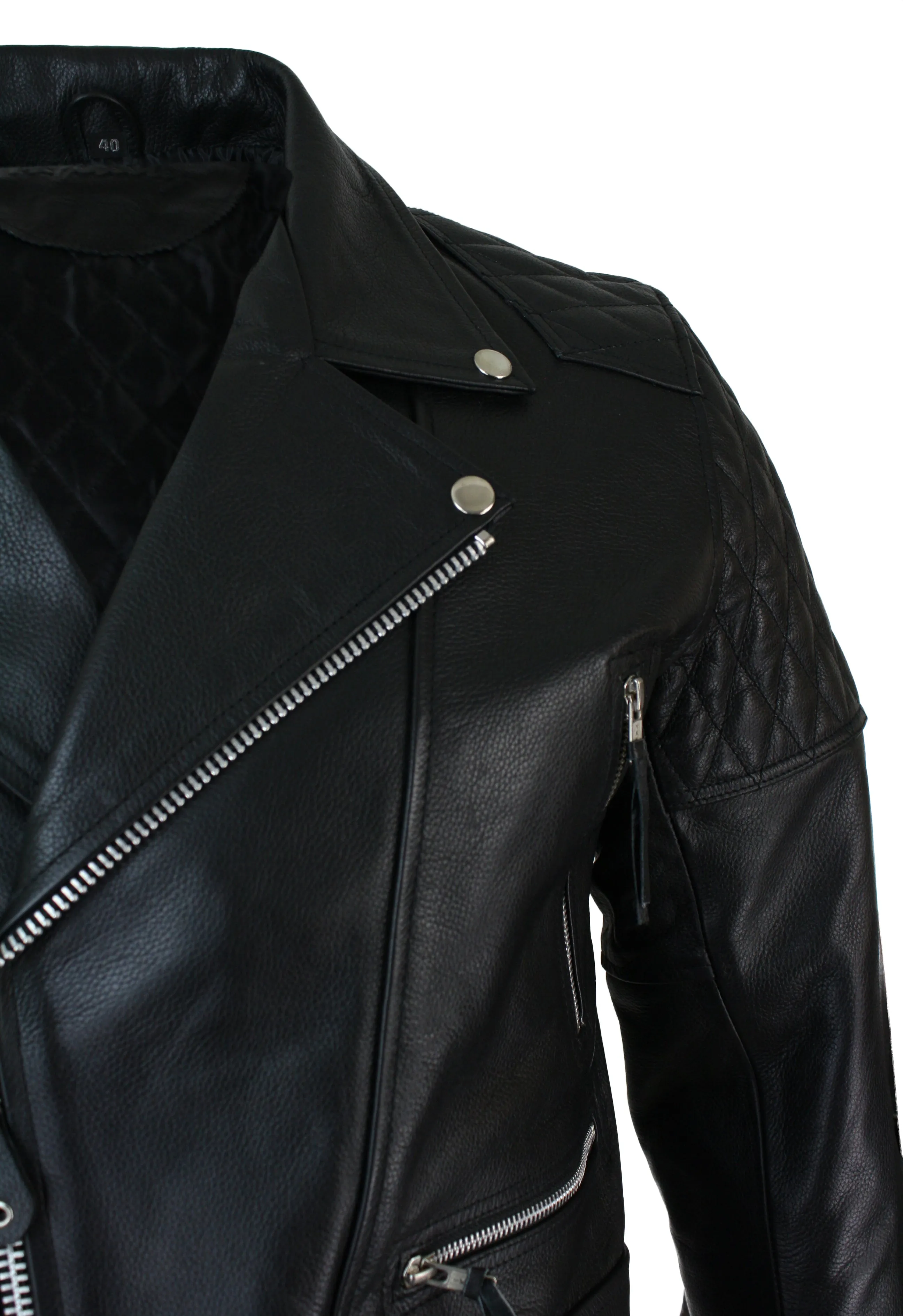Cross Zip Cowhide Padded Biker Jacket