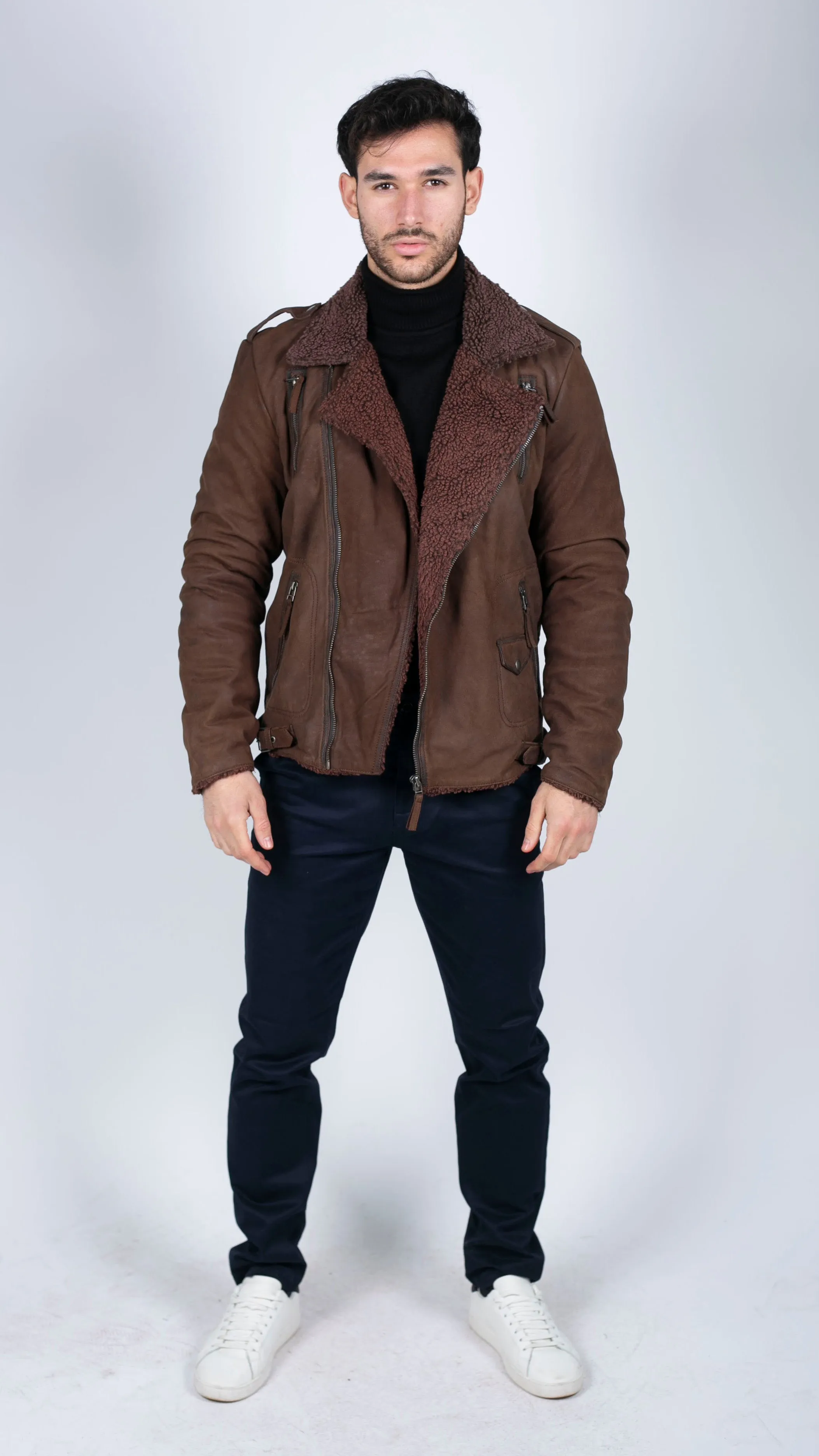 Cross Zip Leather Biker Jacket
