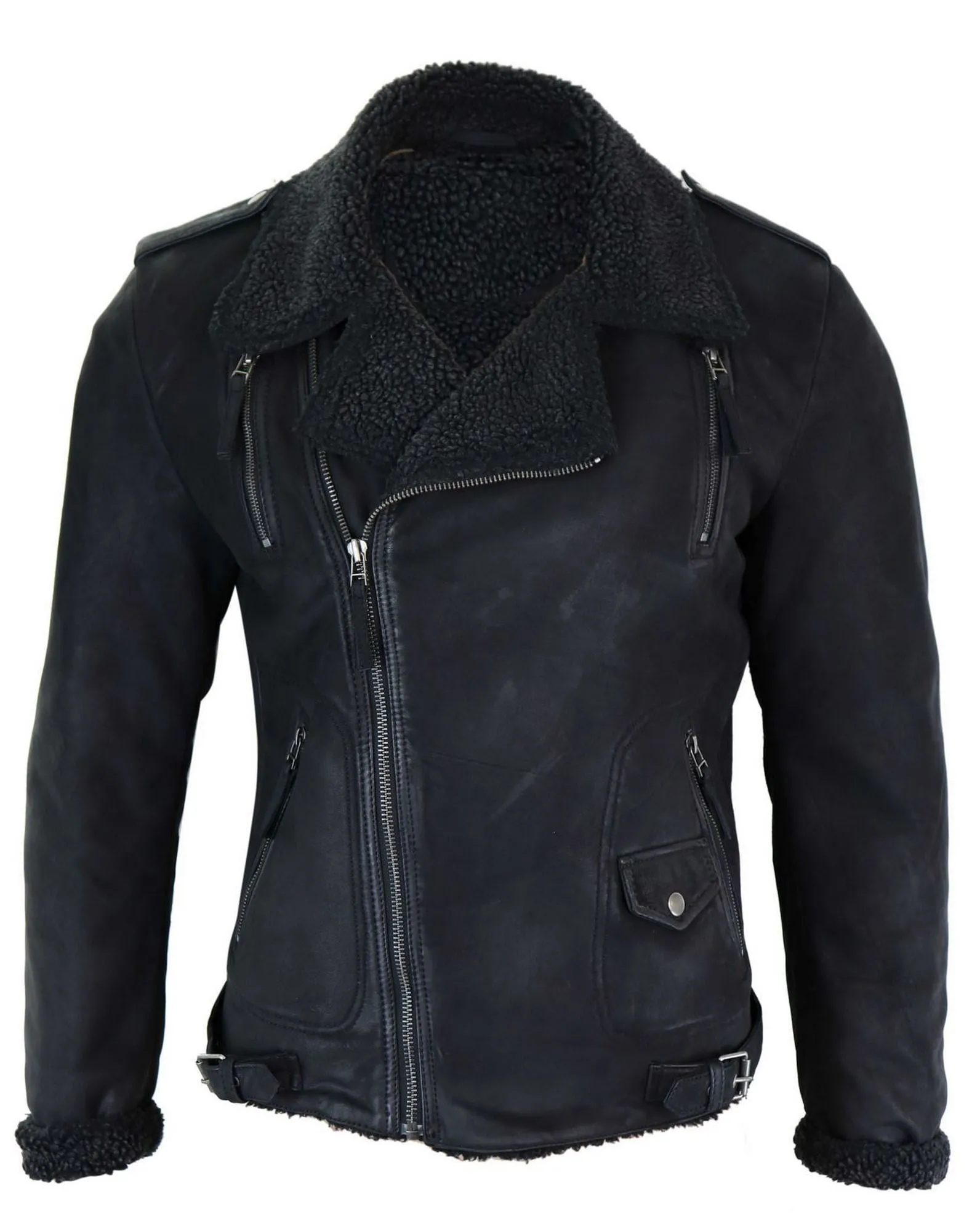 Cross Zip Leather Biker Jacket