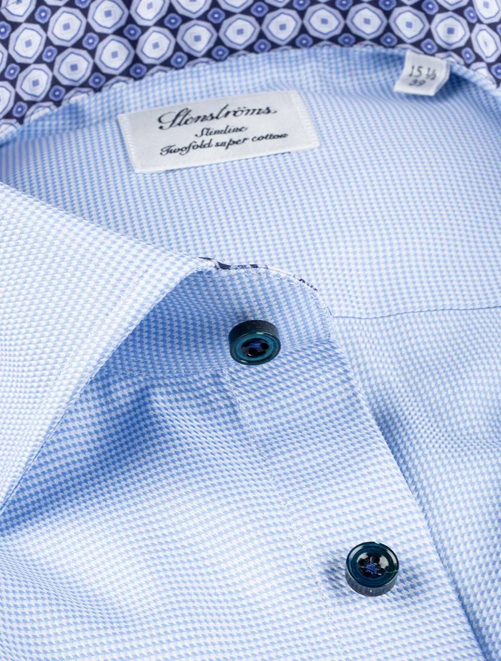 Houndstooth Slimline Shirt with Geometric Contrast Inlay Blue