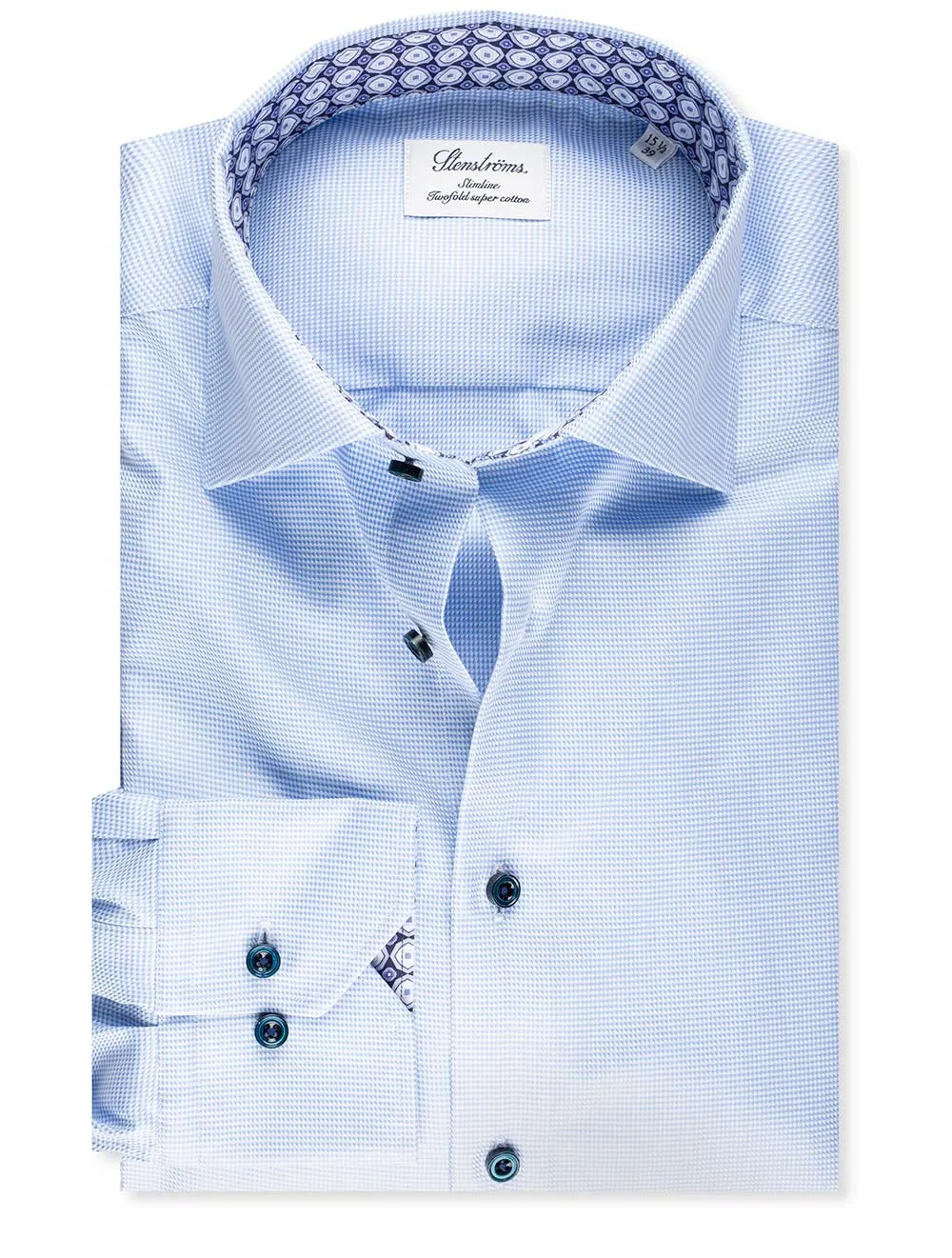 Houndstooth Slimline Shirt with Geometric Contrast Inlay Blue