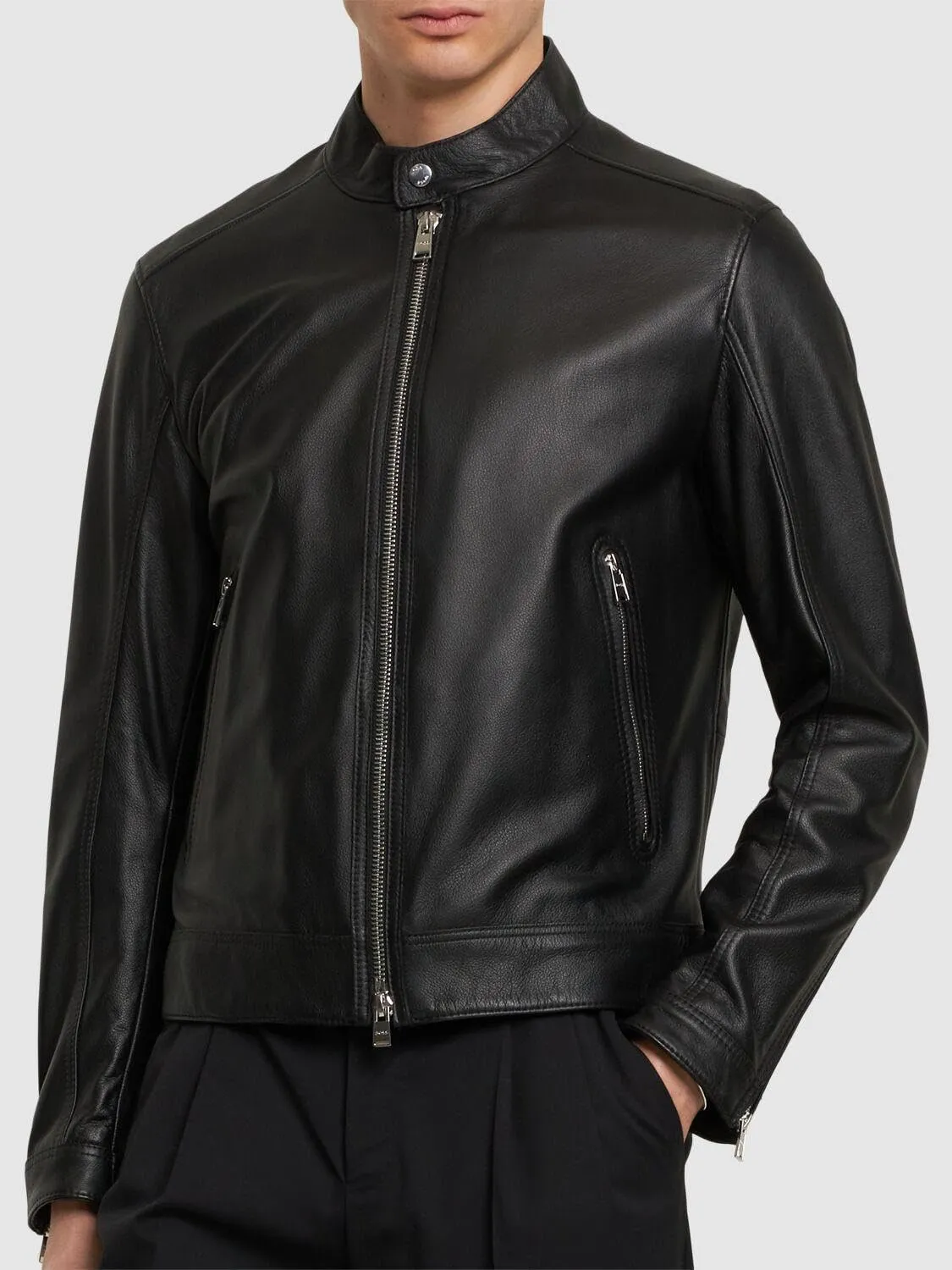 Hugo Boss Men's Mansell 2 Leather Bomber Jacket, Black