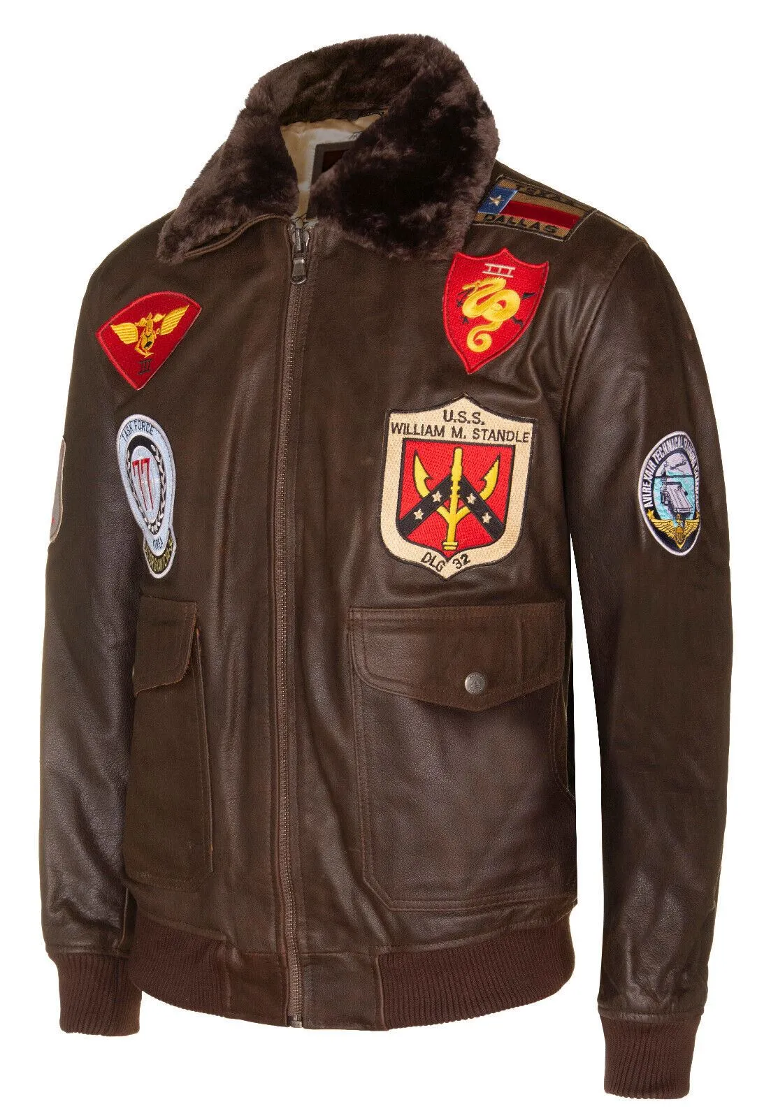 Mens Brown Leather Fur Collar US Aviator Bomber Jacket