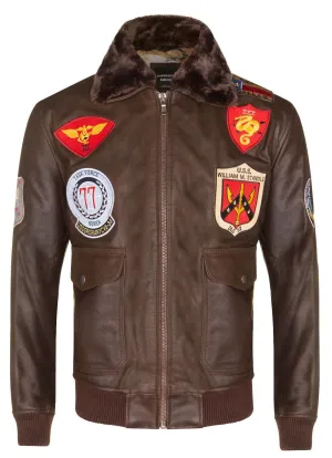 Mens Brown Leather Fur Collar US Aviator Bomber Jacket