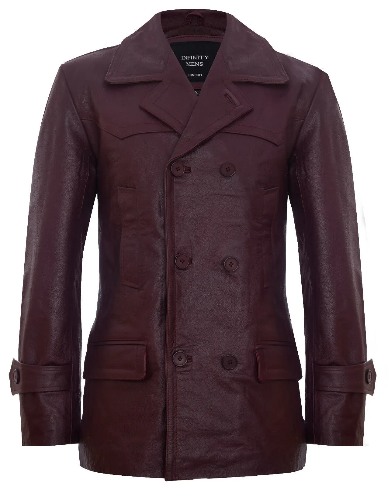 Mens Cow Hide Dr Who Naval German Pea Coat Leather Jacket