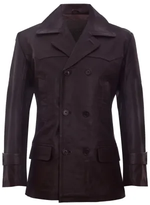 Mens Cow Hide Dr Who Naval German Pea Coat Leather Jacket