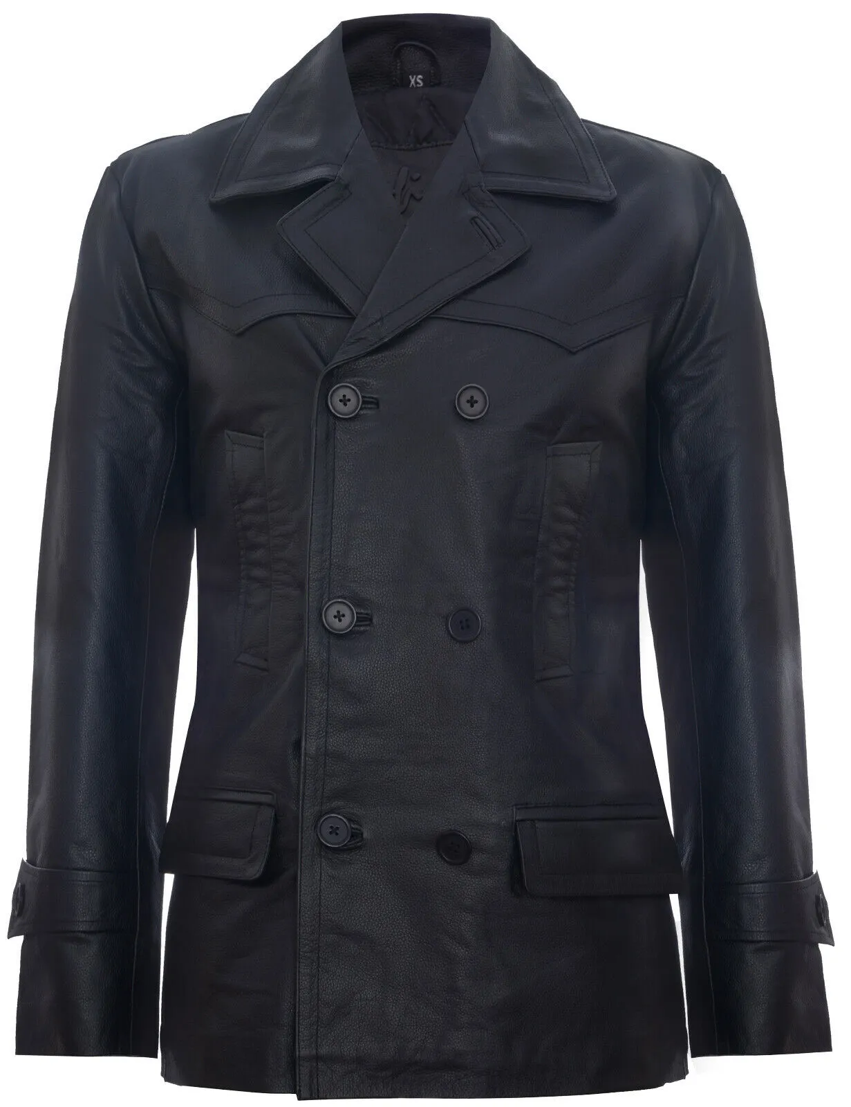 Mens Cow Hide Dr Who Naval German Pea Coat Leather Jacket