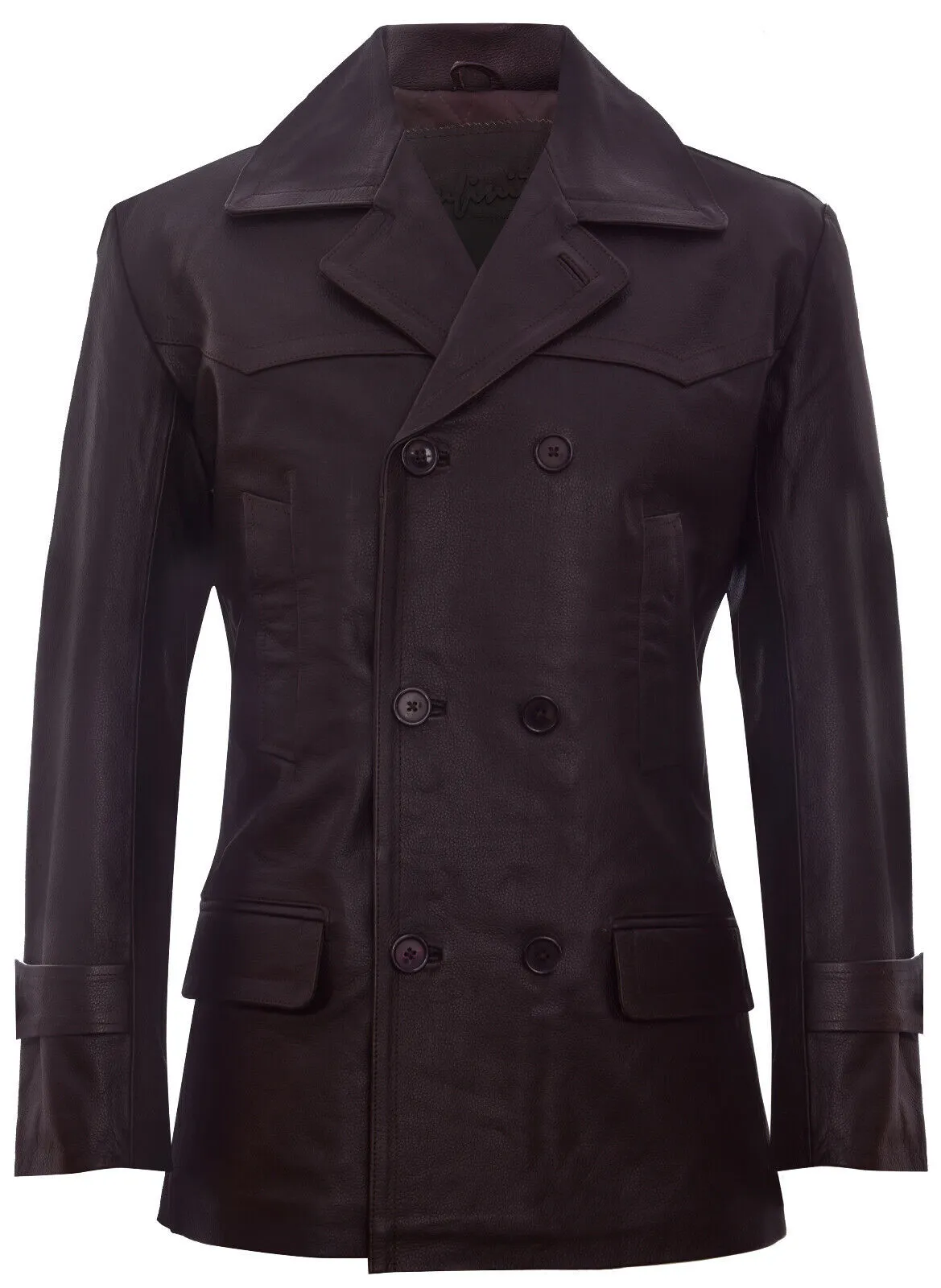 Mens Cow Hide Dr Who Naval German Pea Coat Leather Jacket