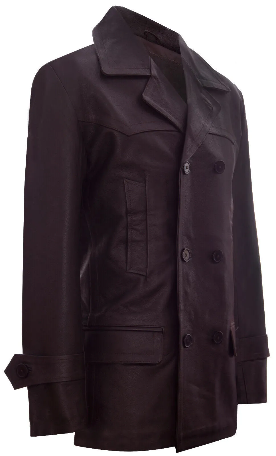 Mens Cow Hide Dr Who Naval German Pea Coat Leather Jacket