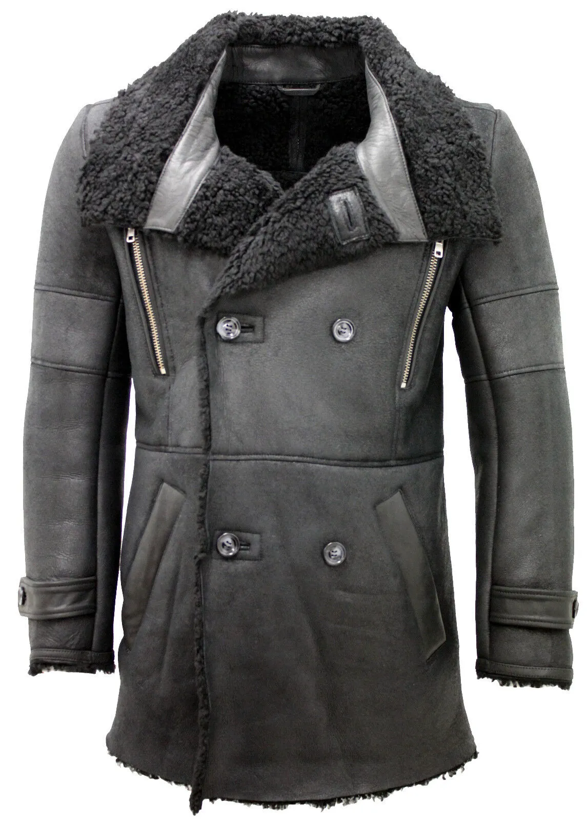 Mens Double Breasted Sheepskin Reefer Coat-Candon