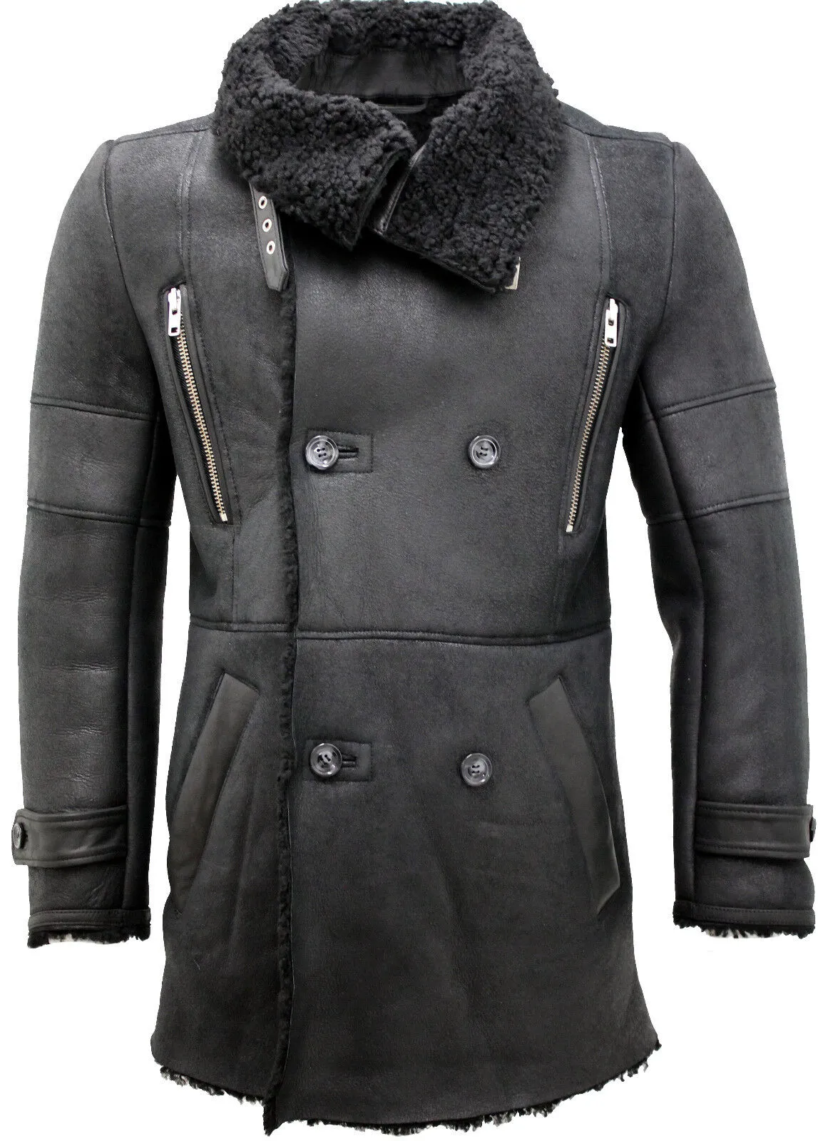 Mens Double Breasted Sheepskin Reefer Coat-Candon