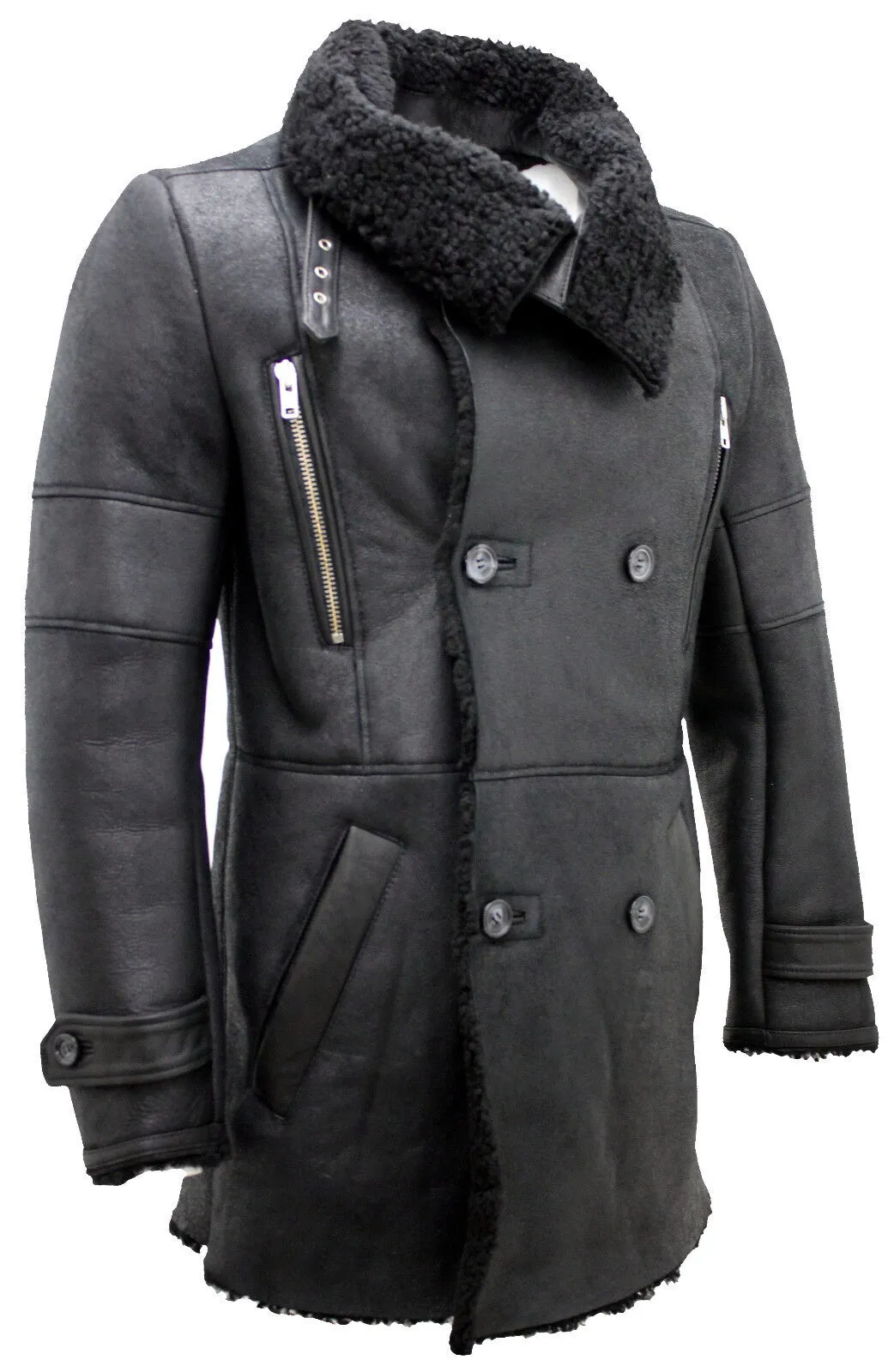 Mens Double Breasted Sheepskin Reefer Coat-Candon