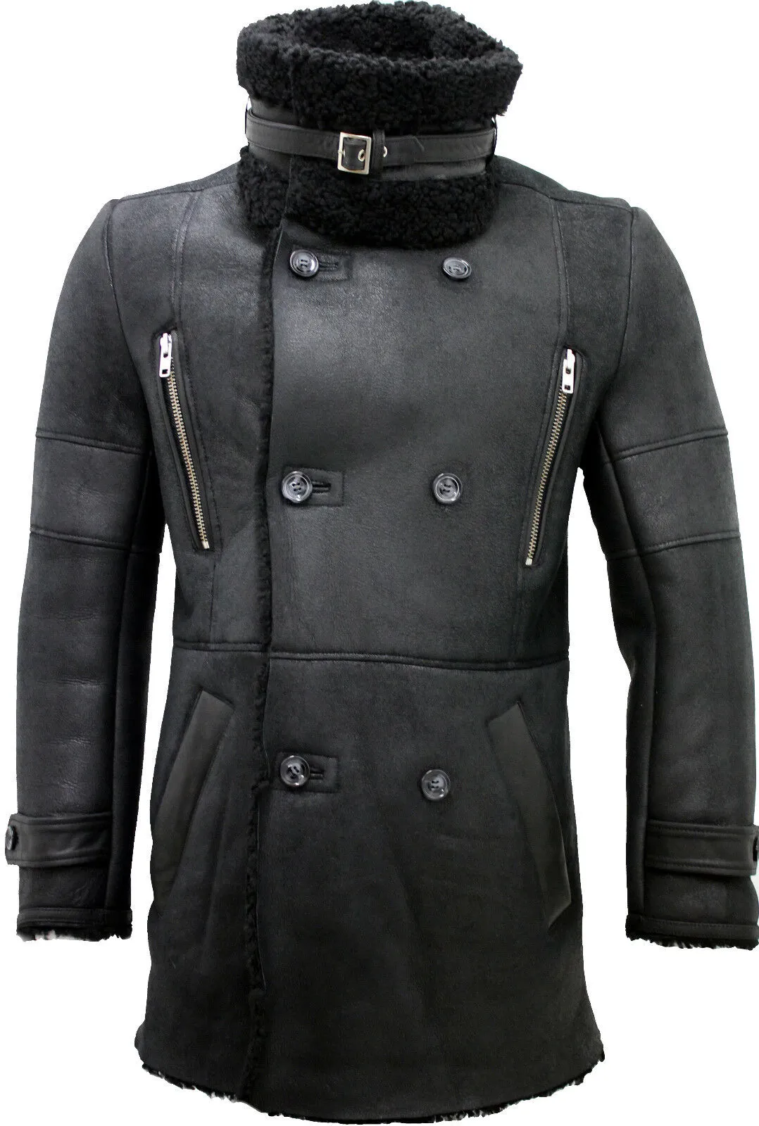 Mens Double Breasted Sheepskin Reefer Coat-Candon