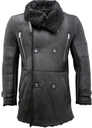 Mens Double Breasted Sheepskin Reefer Coat-Candon