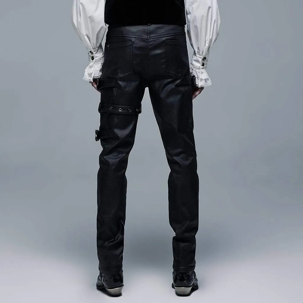Men's Gothic Slim Fitted Adjustable Buckles Black Pants