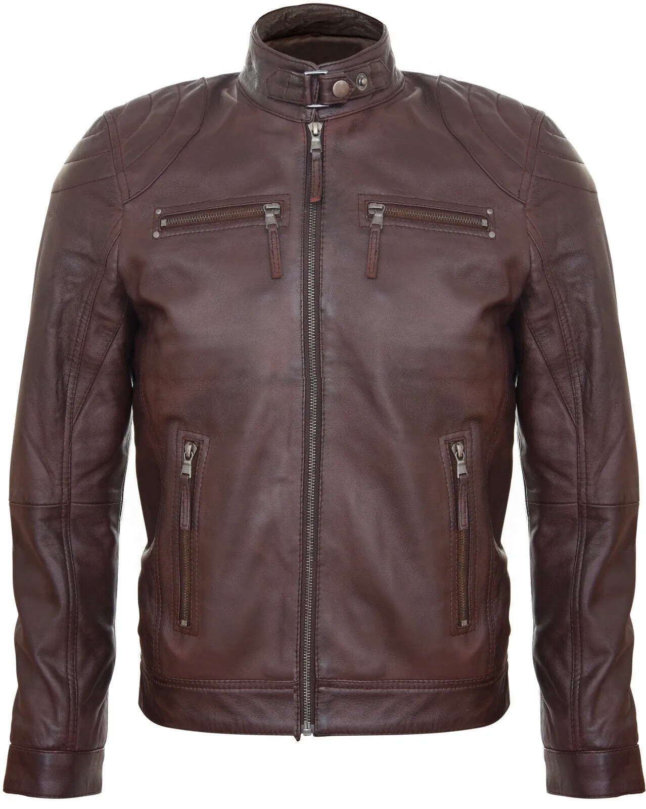 Mens Leather Biker Vintage Zipped Racing Jacket
