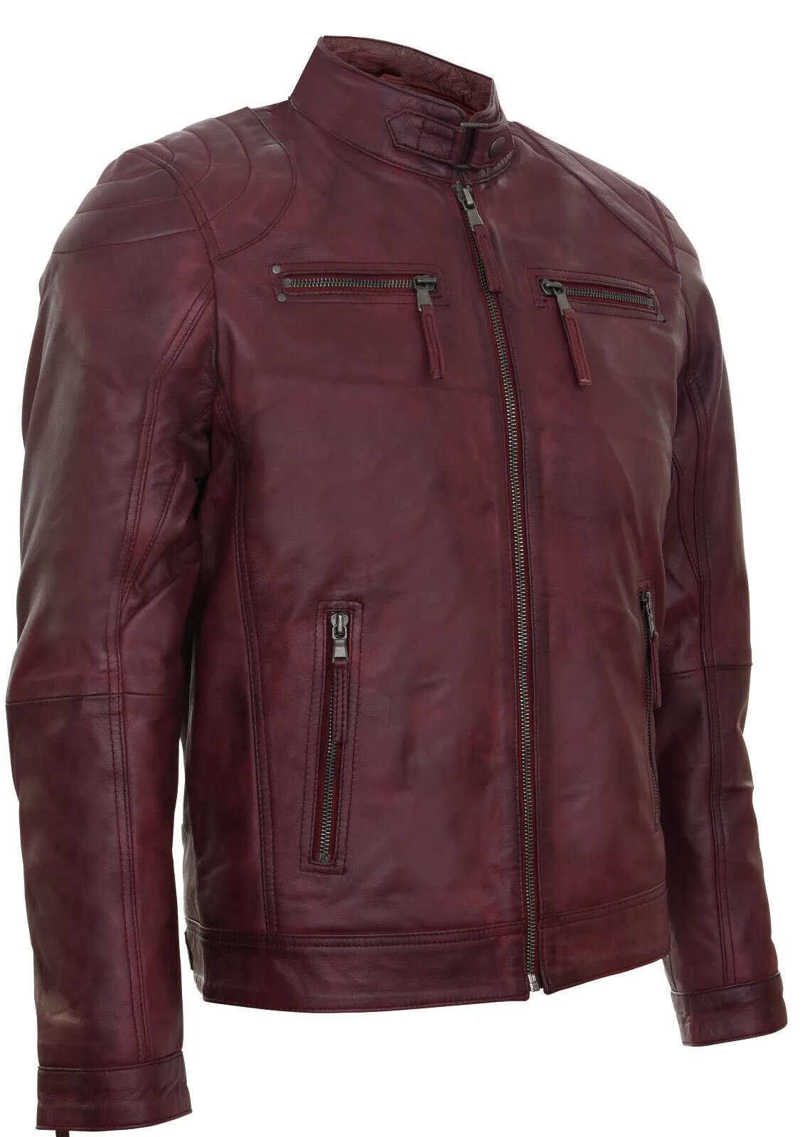 Mens Leather Biker Vintage Zipped Racing Jacket