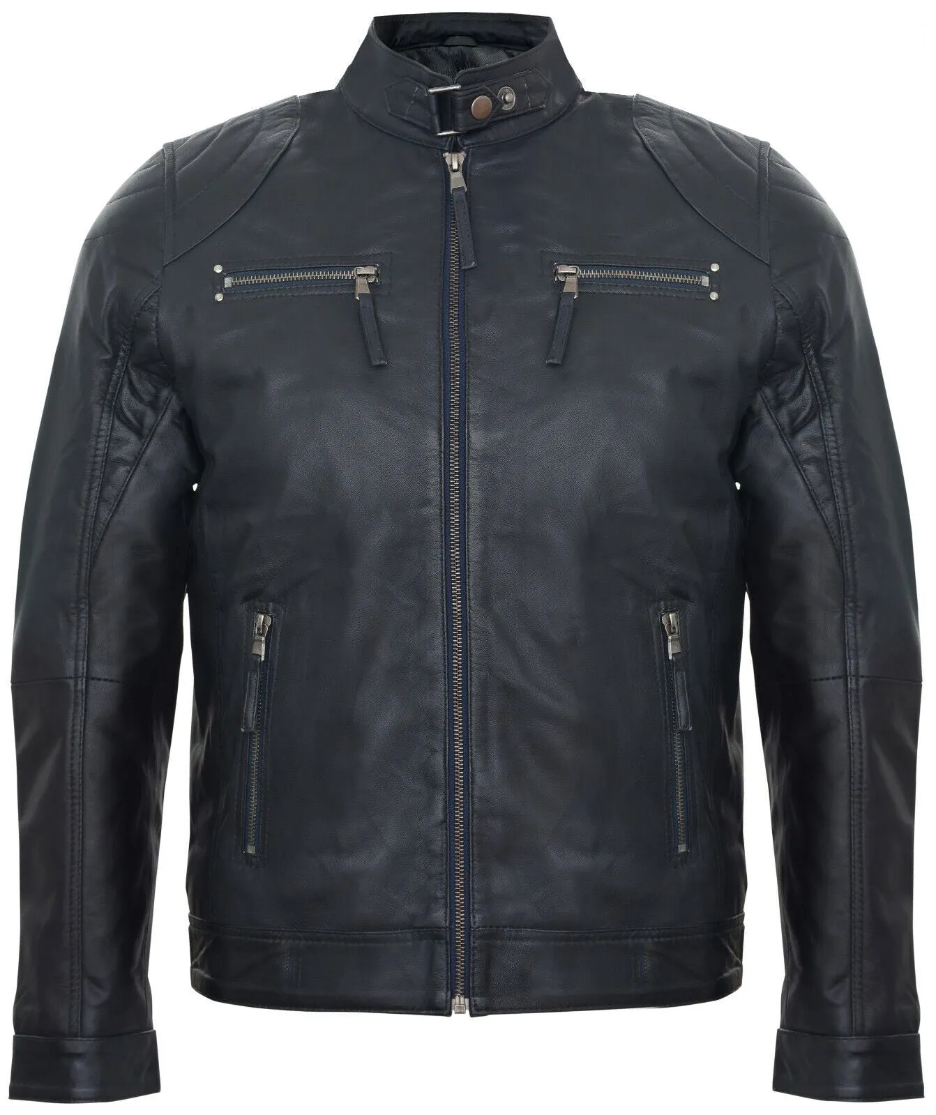 Mens Leather Biker Vintage Zipped Racing Jacket