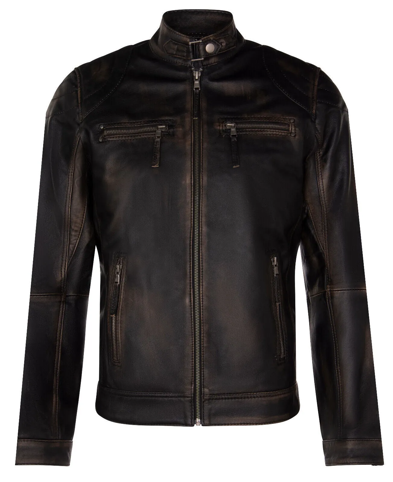 Mens Leather Biker Vintage Zipped Racing Jacket