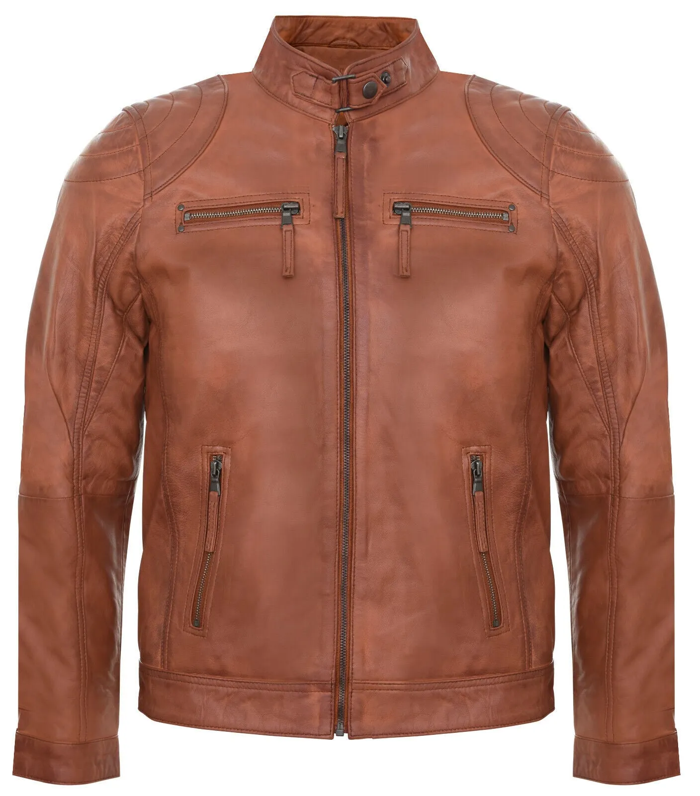 Mens Leather Biker Vintage Zipped Racing Jacket
