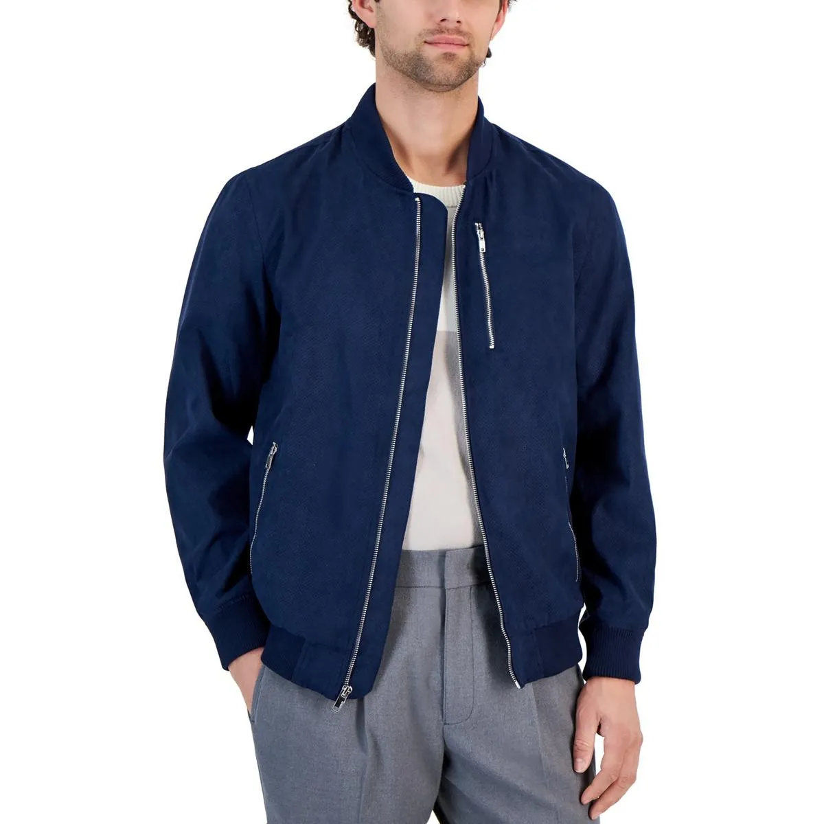 Mens Perforated Faux Suede Bomber Jacket