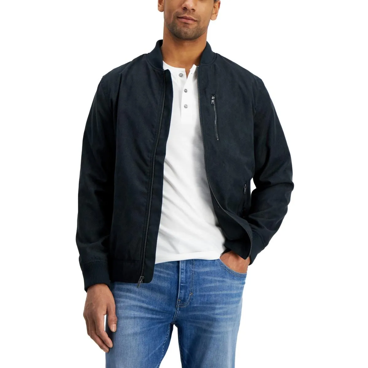Mens Perforated Faux Suede Bomber Jacket