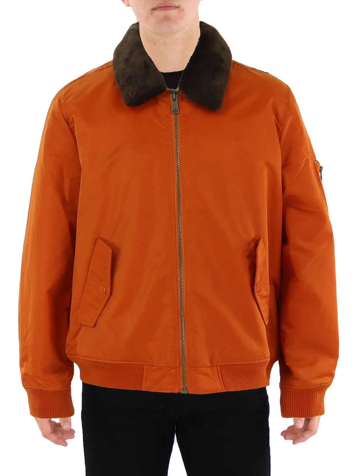 Mens Removable Collar Ribbed Trim Bomber Jacket