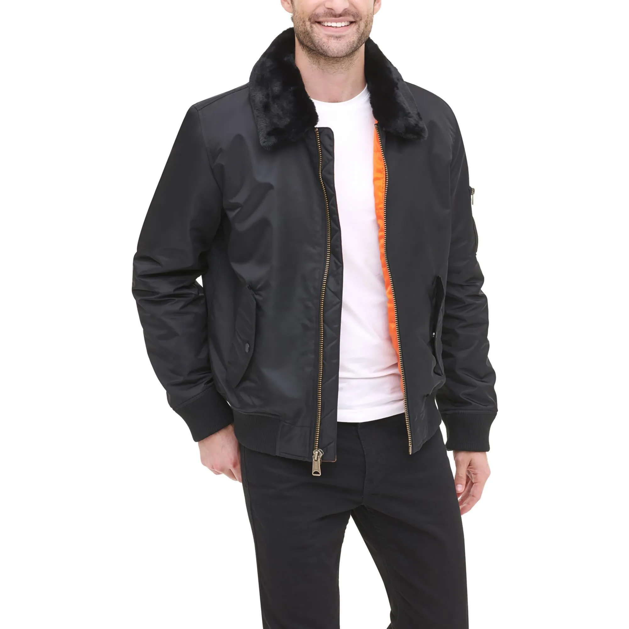 Mens Removable Collar Ribbed Trim Bomber Jacket