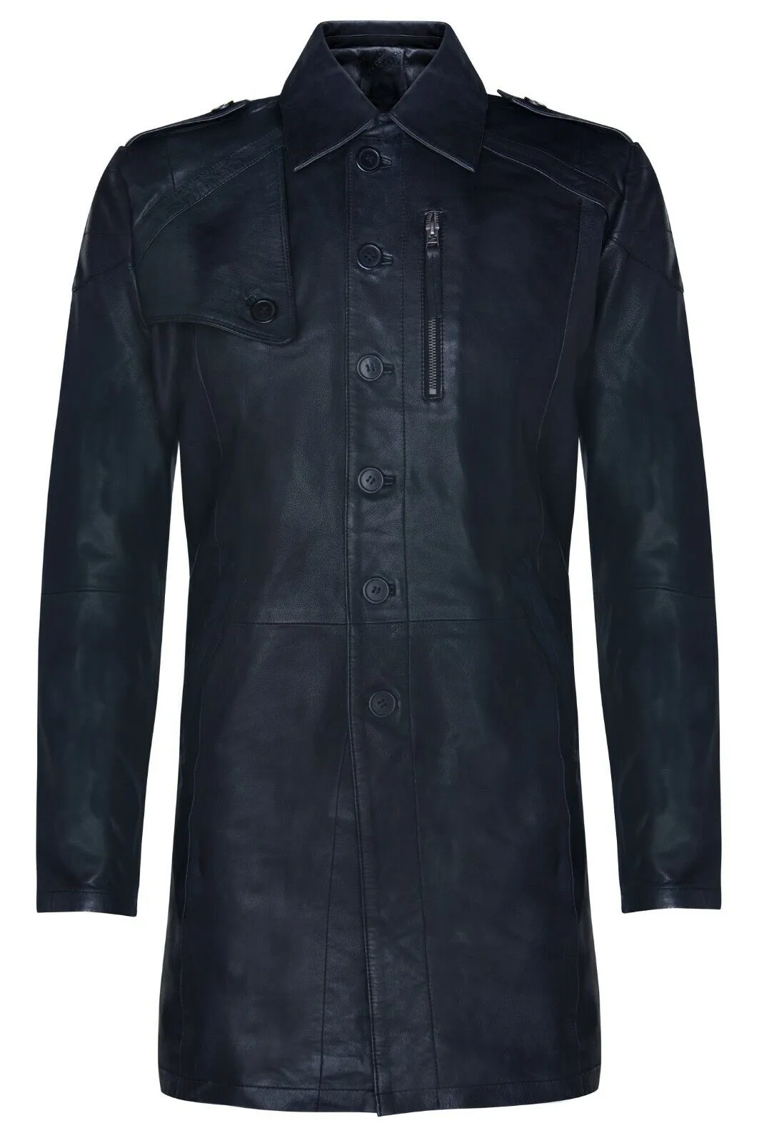 Mens Soft Long Military Trench Distressed Leather Coat