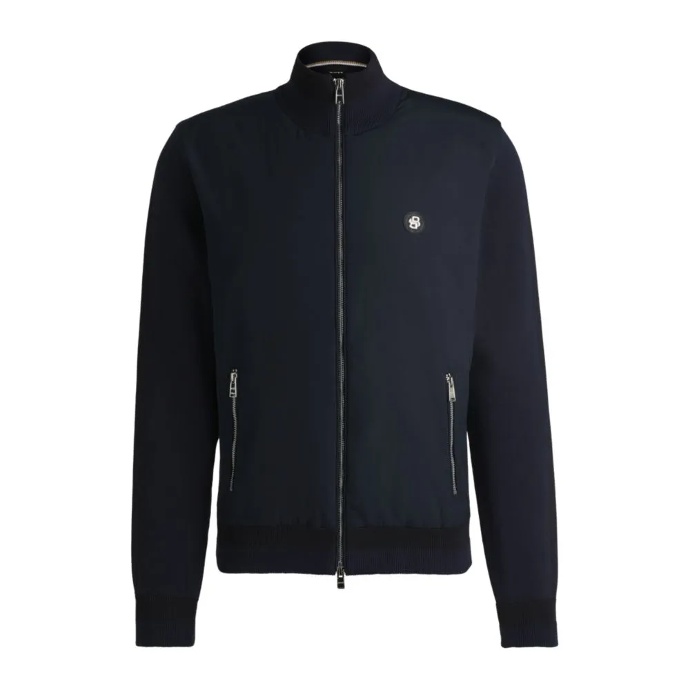 Mixed-material zip-up jacket with double-monogram badge