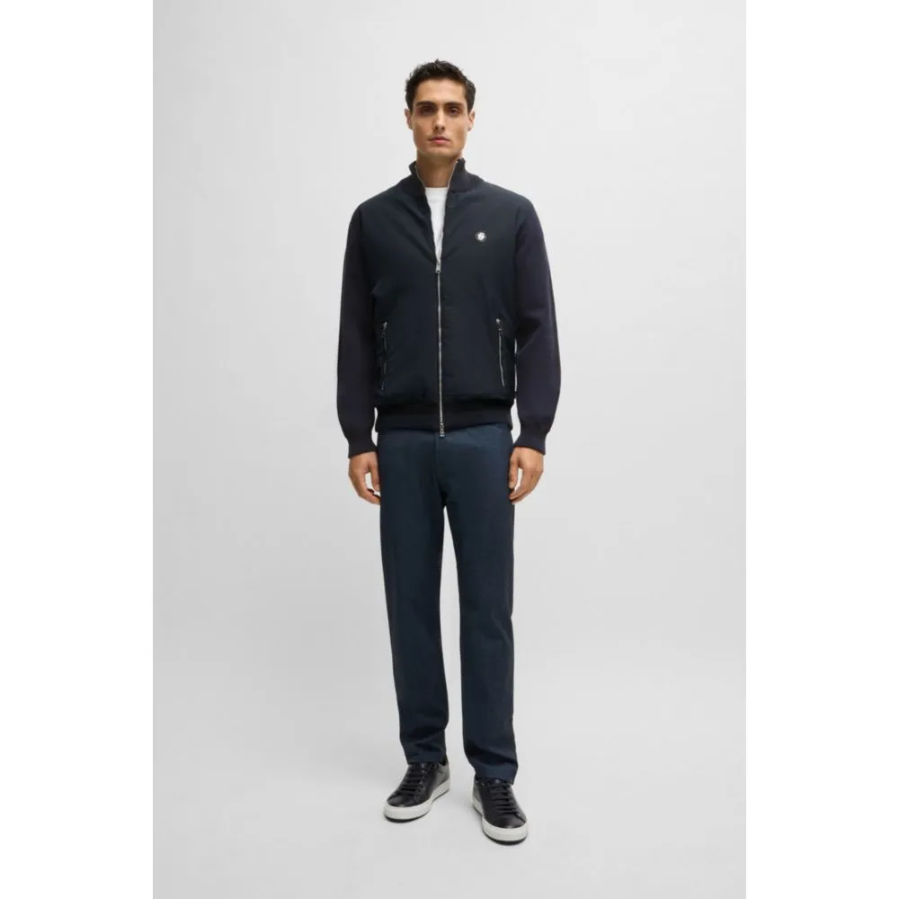 Mixed-material zip-up jacket with double-monogram badge