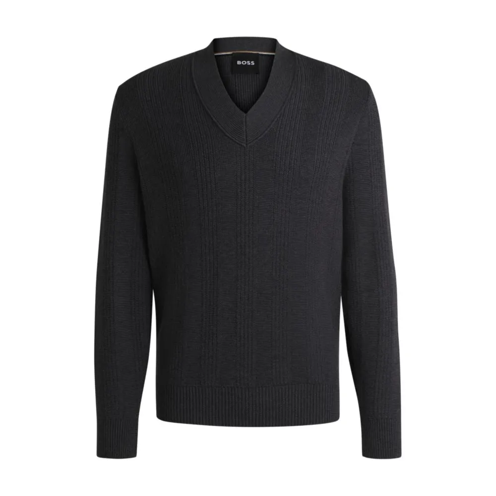Mixed-structure V-neck sweater in wool