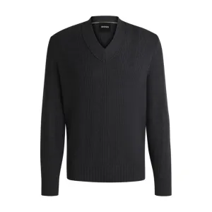 Mixed-structure V-neck sweater in wool