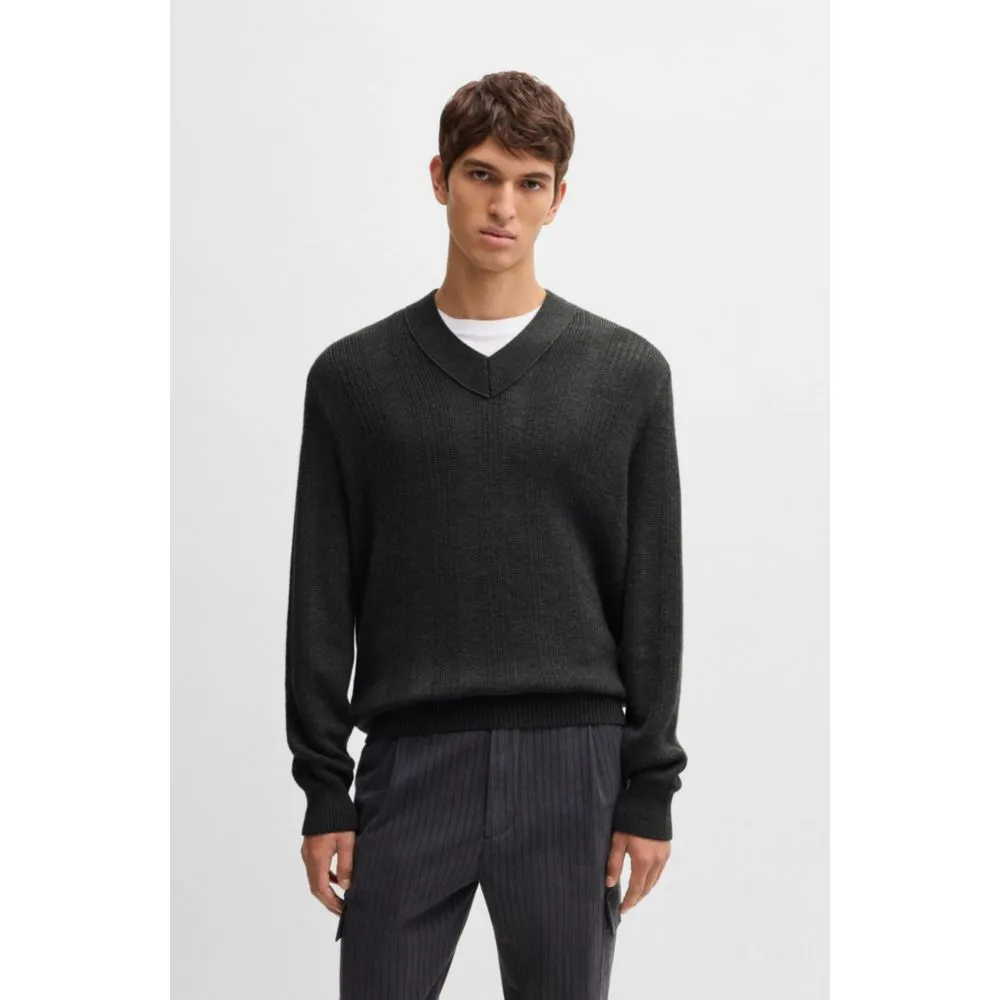 Mixed-structure V-neck sweater in wool