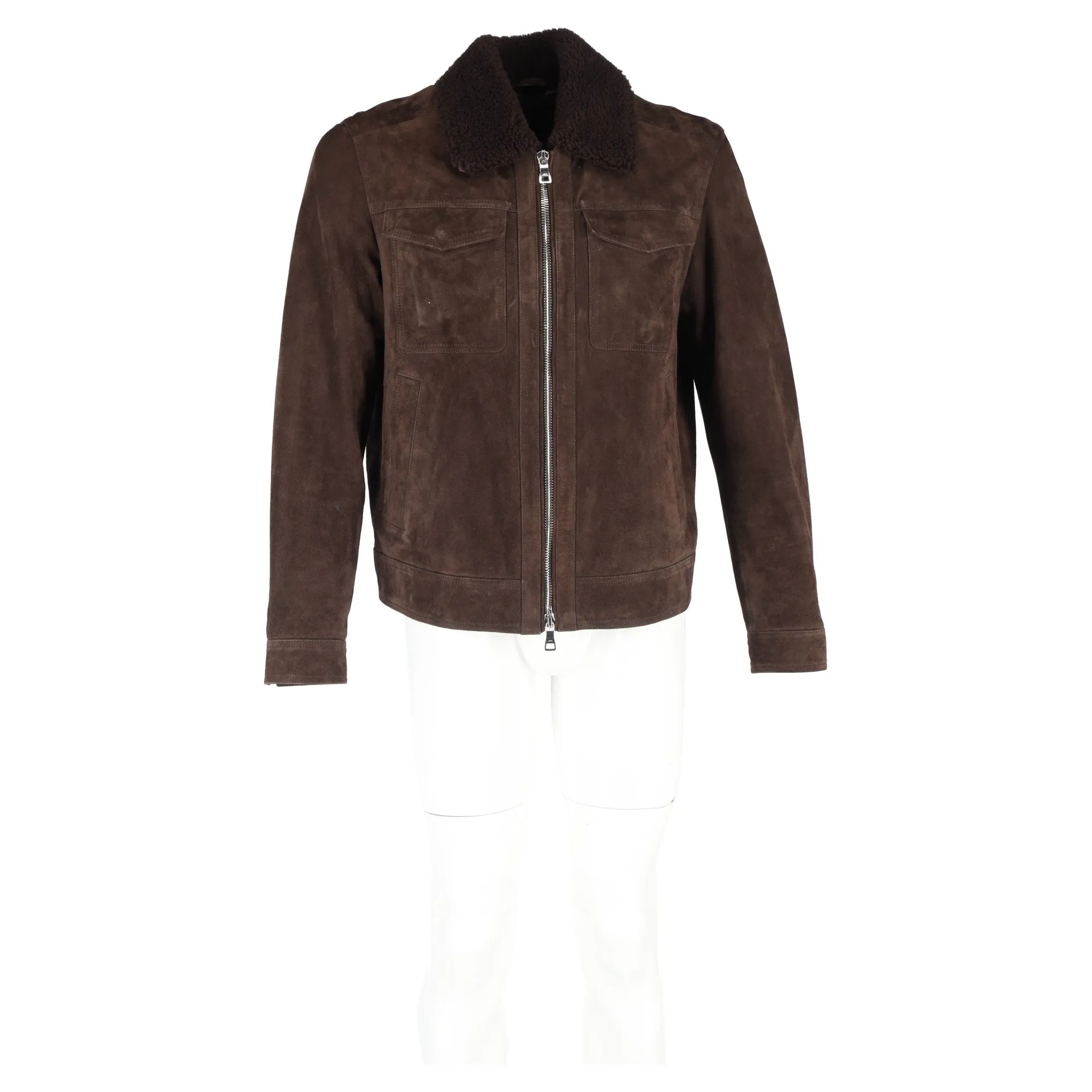 MR P. Shearling-Trimmed Trucker Jacket in Brown Suede