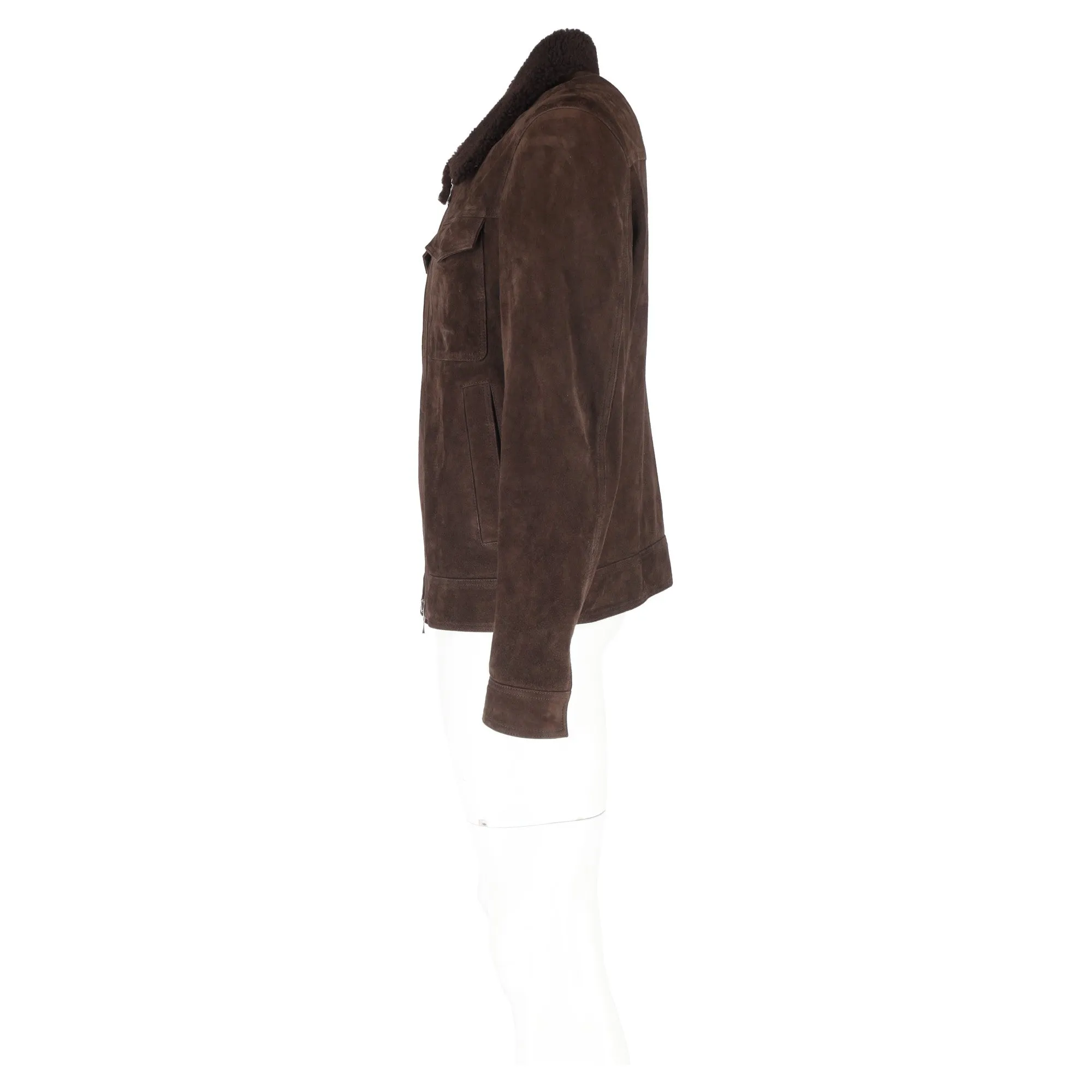 MR P. Shearling-Trimmed Trucker Jacket in Brown Suede
